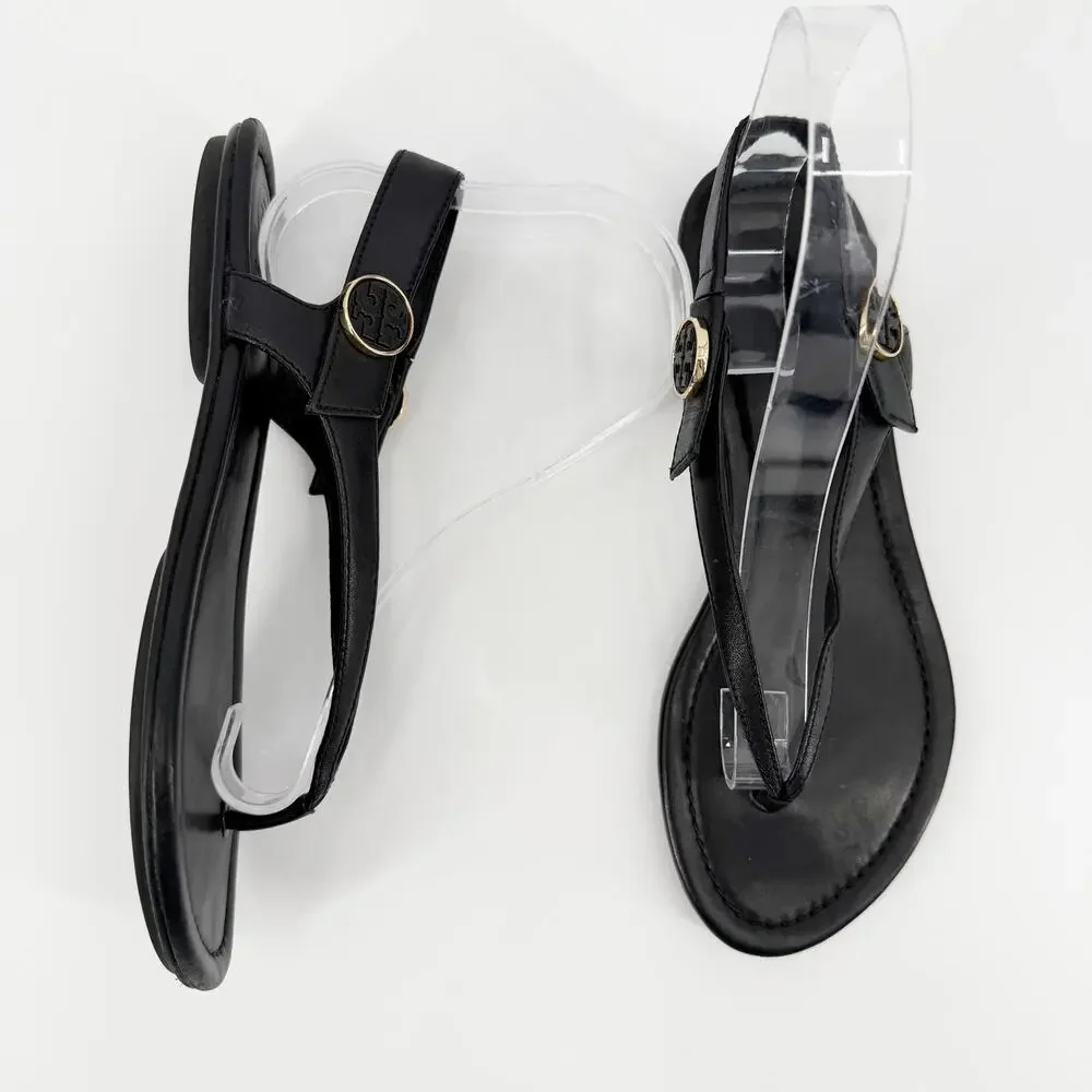 Tory Burch Minnie Travel Sandals Black Leather Thong Slingback Flat Shoes 6.5